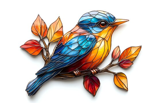 Colorful stained glass style bird with blue and orange plumage perched on autumn branch with vibrant leaves, artistic nature illustration. - Powered by Adobe