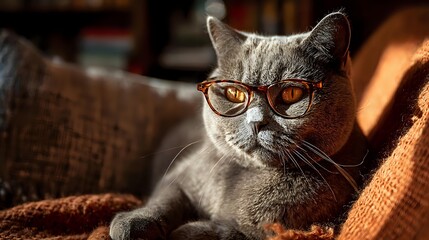 Gray British shorthair cat wearing stylish glasses relaxing on cozy orange blanket in warm sunlight, creating humorous intellectual pet portrait.