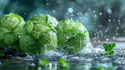 Fresh brussels sprouts with water droplets splashing in kitchen setting, showcasing vibrant green vegetables during food preparation.