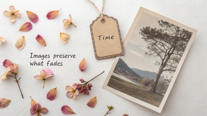 Dried petals beside a faded photograph depicting landscape