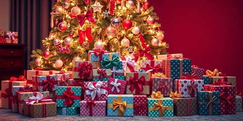 Naklejka premium Pile of wrapped gifts under twinkling Christmas tree, festive bows, boxes, holiday