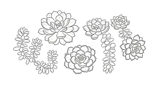 A beautiful collection of hand drawn succulent plant line art illustrations.