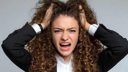 Young Caucasian businesswoman with curly hair expressing extreme frustration, pulling her hair while screaming against gray background.