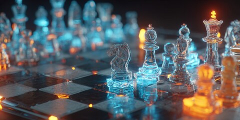 Glowing glass chess pieces on a futuristic board