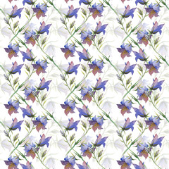 Watercolor seamless pattern with blue wildflowers. Botanical illustration with bluebells on a white background. Seamless background for wallpaper, textiles and printing.