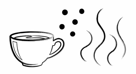 A steaming cup of coffee with rising vapor and aroma.