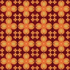seamless floral background,orange curves ,painted create to flowershape, leaves, brown background in geometric patterns as sarong,fabric,tile,printed fabric,batik,tablecloth patterns.