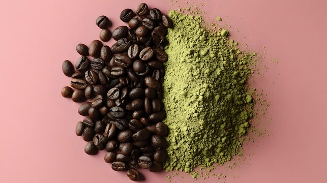 Roasted coffee beans next to green matcha powder on pink background, contrasting caffeine sources for beverage preparation.