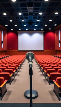 A microphone on a podium in an empty auditorium, ready for a spelling bee event,  academic,  microphone