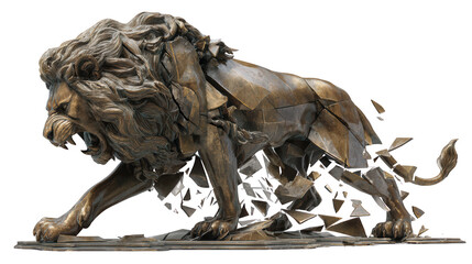Shattering Bronze Lion Sculpture in Dynamic Motion