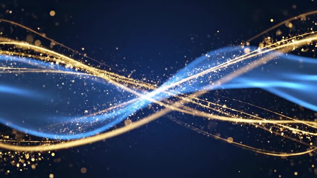 Elegant gold and blue flowing light trails dancing across a dark background offer a modern, vibrant energy for technology or design projects