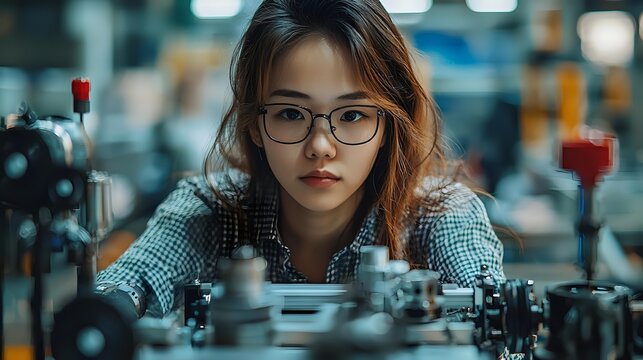 Young Asian female engineer with glasses examining electronic components in technology laboratory. Focused professional working on circuit board assembly.