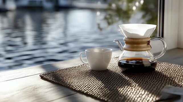 Morning coffee ritual with pour-over brewer and white cup on textured placemat by window overlooking serene water, bathed in soft natural light.