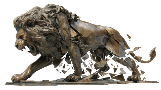 Shattering Bronze Lion Sculpture in Dynamic Motion