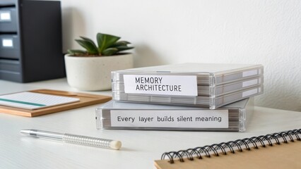 Clear containers stacked with film sheets on a minimal desk