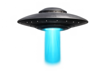 Flying saucer ufo spaceship hovering with blue light beam for alien abduction and extraterrestrial sci-fi fantasy concept