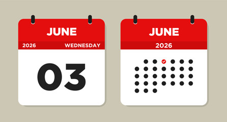 June 3 2026 (Wednesday) Calendar Vector Illustration. Day calendar page with date June 03. Week Starts on Sunday. Checklist day calendar. Modern Flat Calendar template icon.
