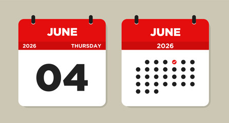 June 4 2026 (Thursday) Calendar Vector Illustration. Day calendar page with date June 04. Week Starts on Sunday. Modern Flat Calendar template icon. Checklist day calendar.