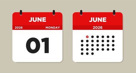 June 1 2026 (Monday) Calendar Vector Illustration. Day calendar page with date June 01. Week Starts on Sunday. Checklist day calendar. Modern Flat Calendar template icon.