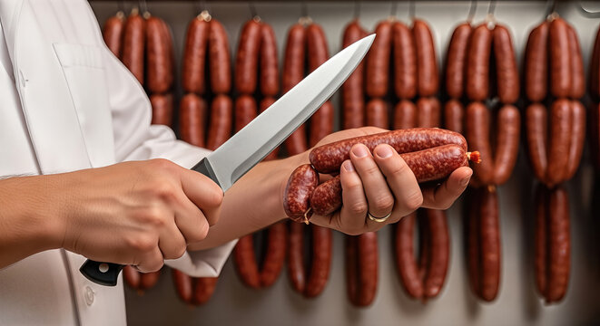 Butcher holding fresh sausages in one hand while preparing to slice with a sharp knife in the other, surrounded by hanging cured meats in a traditional butcher shop setting