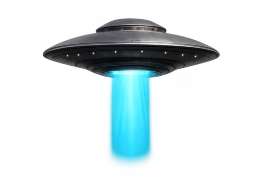 Flying saucer ufo spaceship hovering with blue light beam for alien abduction and extraterrestrial sci-fi fantasy concept