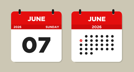 June 7 2026 (Sunday) Calendar Vector Illustration. Day calendar page with date June 07. Week Starts on Sunday. Checklist day calendar. Modern Flat Calendar template icon.