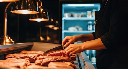 Butcher shop scene featuring a skilled worker slicing fresh cuts of meat with a sharp knife under warm lighting, showcasing quality groceries and inviting atmosphere for customers