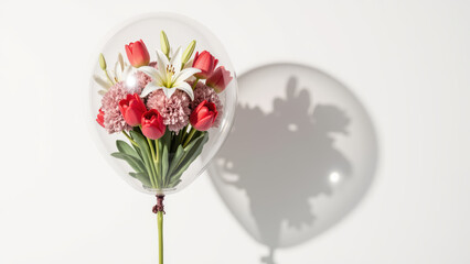 Beautiful floral arrangement inside transparent balloon, featuring pink tulips, white lilies, and pink carnations, casting soft shadow