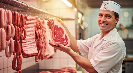 Butcher shop employee showcasing premium cuts of meat, surrounded by various sausages and hanging meats, highlighting the craftsmanship and quality of grocery offerings in a vibrant market atmosphere