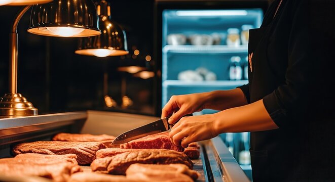 Butcher shop scene featuring a skilled worker slicing fresh cuts of meat with a sharp knife under warm lighting, showcasing quality groceries and inviting atmosphere for customers - Powered by Adobe