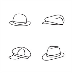 Hat outline set. Four simple hat outlines fedora, flat cap, bowler, trilby fashion icons and logo elements. Editable EPS/SVG.