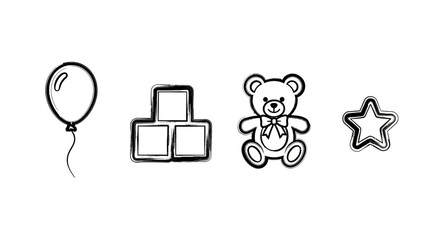 Adorable collection of childrens toys including a balloon, blocks, teddy bear, and star.