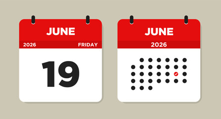 June 19 2026 (Friday) Calendar Vector Illustration. Day calendar page with date June 19. Week Starts on Sunday. Checklist day calendar. Modern Flat Calendar template icon.