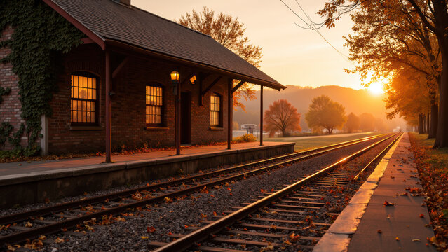 Serene sunset scene featuring vintage train station surrounded by autumn foliage, with railway tracks leading into horizon. warm glow of setting