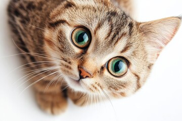 Charming Scottish Fold Kitten with Striking Green Eyes and Playful Striped Coat on White Background