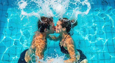 Underwater view of a young couple kissing in a swimming pool with splashing water, embodying a .Concept for Love and Valentines Day celebration.
