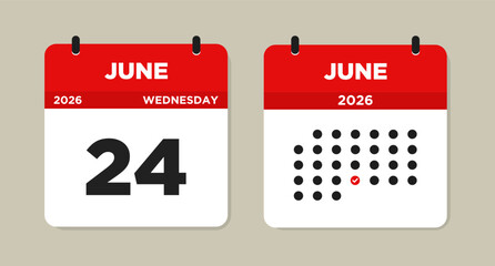 June 24 2026 (Wednesday) Calendar Vector Illustration. Day calendar page with date June 24. Week Starts on Sunday. Modern Flat Calendar template icon. Checklist day calendar.