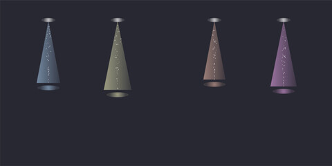 Four abstract conical shapes with glowing tips on a dark background
