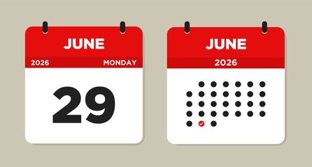 June 29 2026 (Monday) Calendar Vector Illustration. Day calendar page with date June 29. Week Starts on Sunday. Checklist day calendar. Modern Flat Calendar template icon.