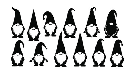 A collection of whimsical black silhouette garden gnomes with long beards