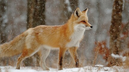 Obraz premium Curious Red Fox Navigating the Snowy Forest Landscape Amongst Leafless Aspen Trees in Winter