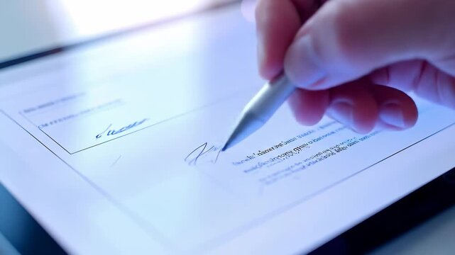 Digital Signature on Tablet - A Hand Signing an Electronic Document with a Stylus Pen.