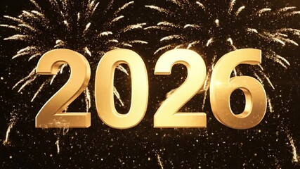 A dynamic digital animation prominently displays the year 2026 in bold, gleaming golden 3D numerals, standing out against a luxurious dark background. Brilliant golden fireworks burst and crackle acro - Powered by Adobe