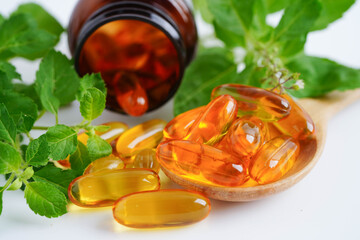 Alternative medicine herbal organic capsule with vitamin E omega 3 fish oil, mineral, drug with...