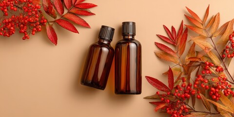 Autumn natural skincare product bottles with seasonal leaves