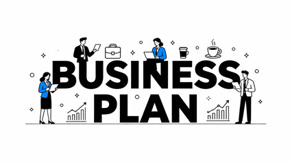 This illustration depicts various business professionals and elements surrounding “Business Plan”，highlighting the key components of strategic planning and corporate collaboration.