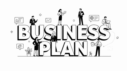 This illustration depicts various business professionals and elements surrounding “Business Plan”，highlighting the key components of strategic planning and corporate collaboration.