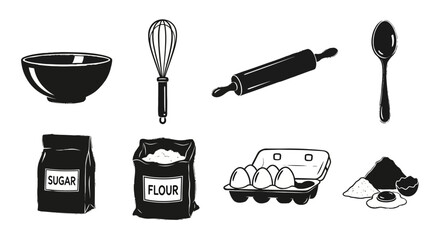 Baking essentials illustration featuring bowl whisk rolling pin spoon sugar flour eggs and ingredients.