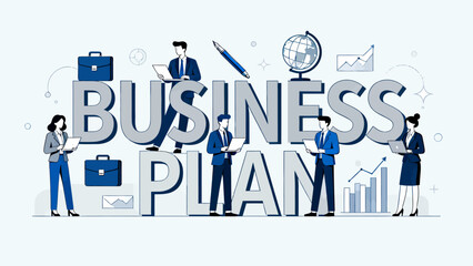 This illustration depicts various business professionals and elements surrounding “Business Plan”，highlighting the key components of strategic planning and corporate collaboration.