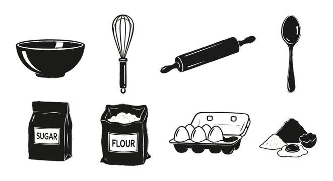 Baking essentials illustration featuring bowl whisk rolling pin spoon sugar flour eggs and ingredients.